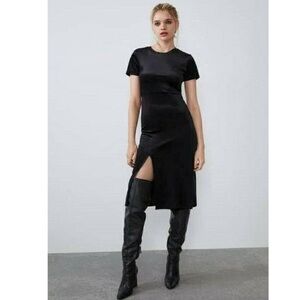 ZARA Bodycon Velvet Dress With Side Slit - Black